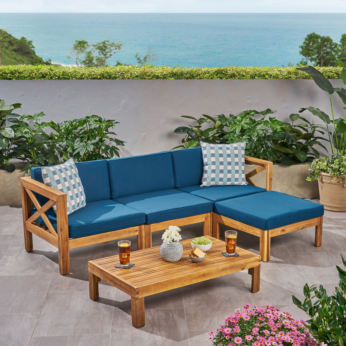 Radiat 5 Piece Outdoor L Shaped Sof Set With Coffee Table And Water Resistant Cushions - Teak