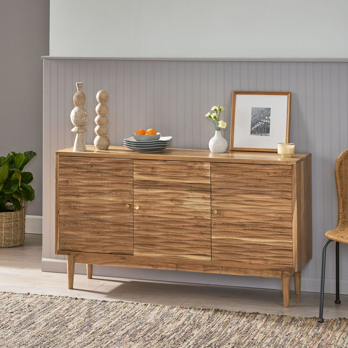 Handcrafted Sideboard Buffet Cabinet with Carved Texture Acacia Wood 58x32in Natural