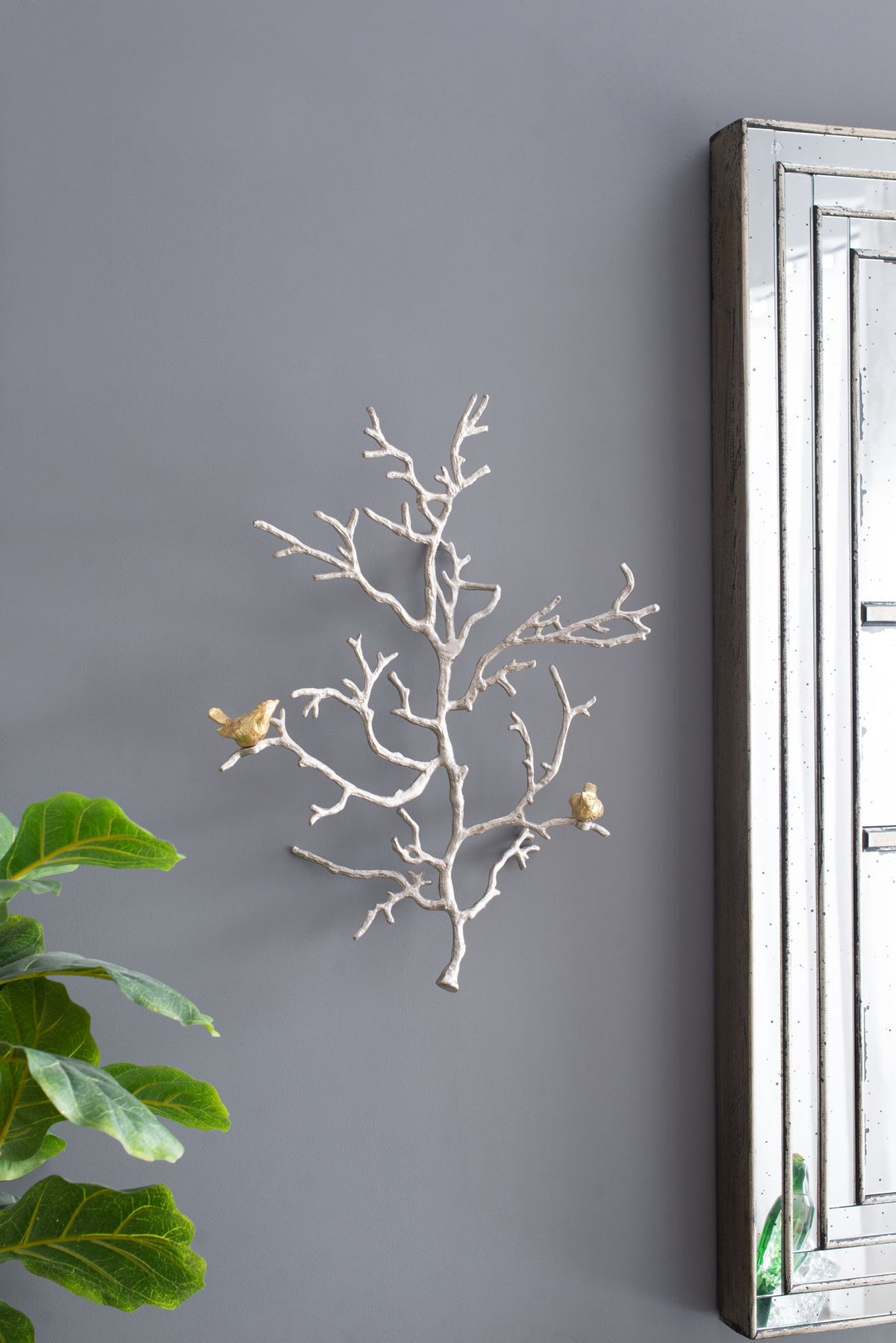 Metal Branch Wall Sculptures With Bird Accents (Set of 2) - Silver Multi