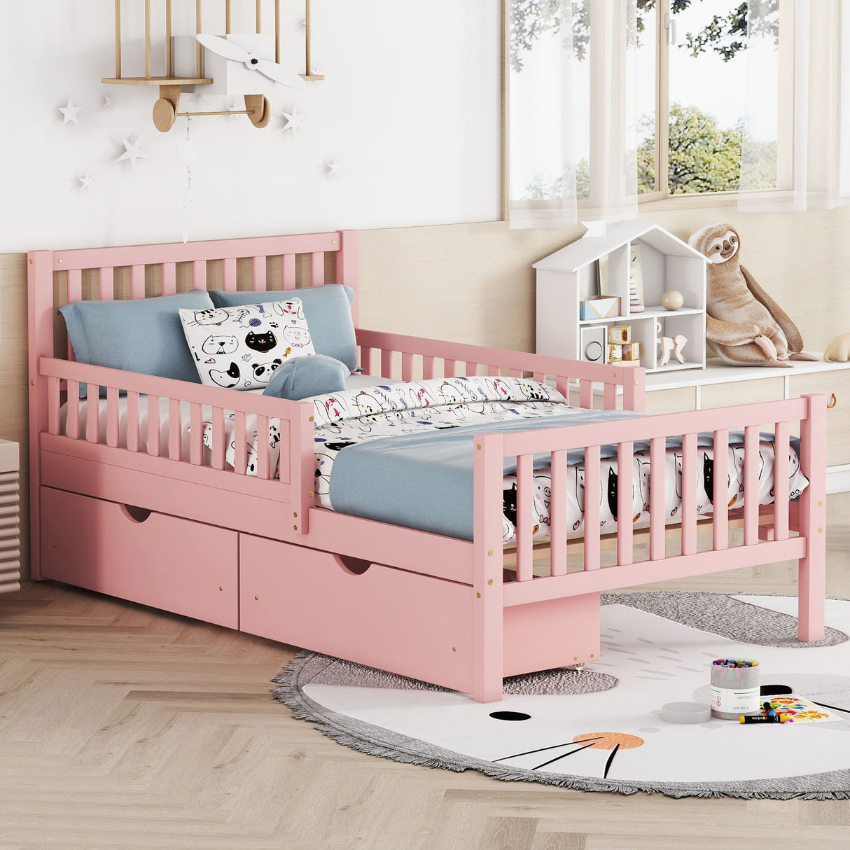 Platform Bed With Guardrails On Both Sides And 2 Storage Drawers