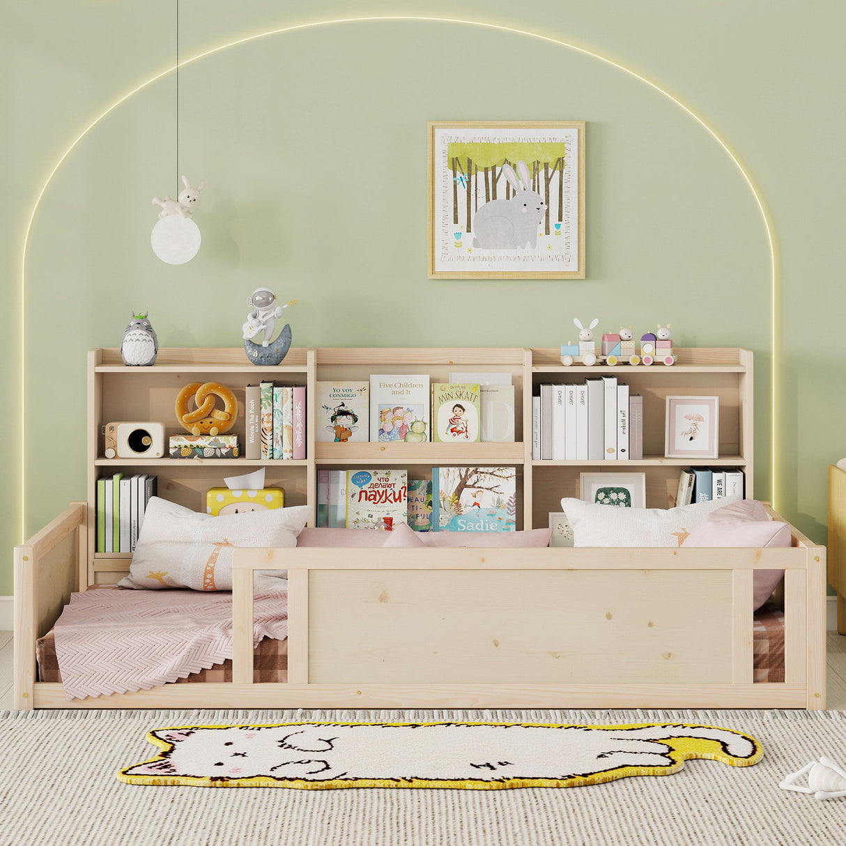 Platform Floor Bed With Guardrail Fence And Side Storage Shelves
