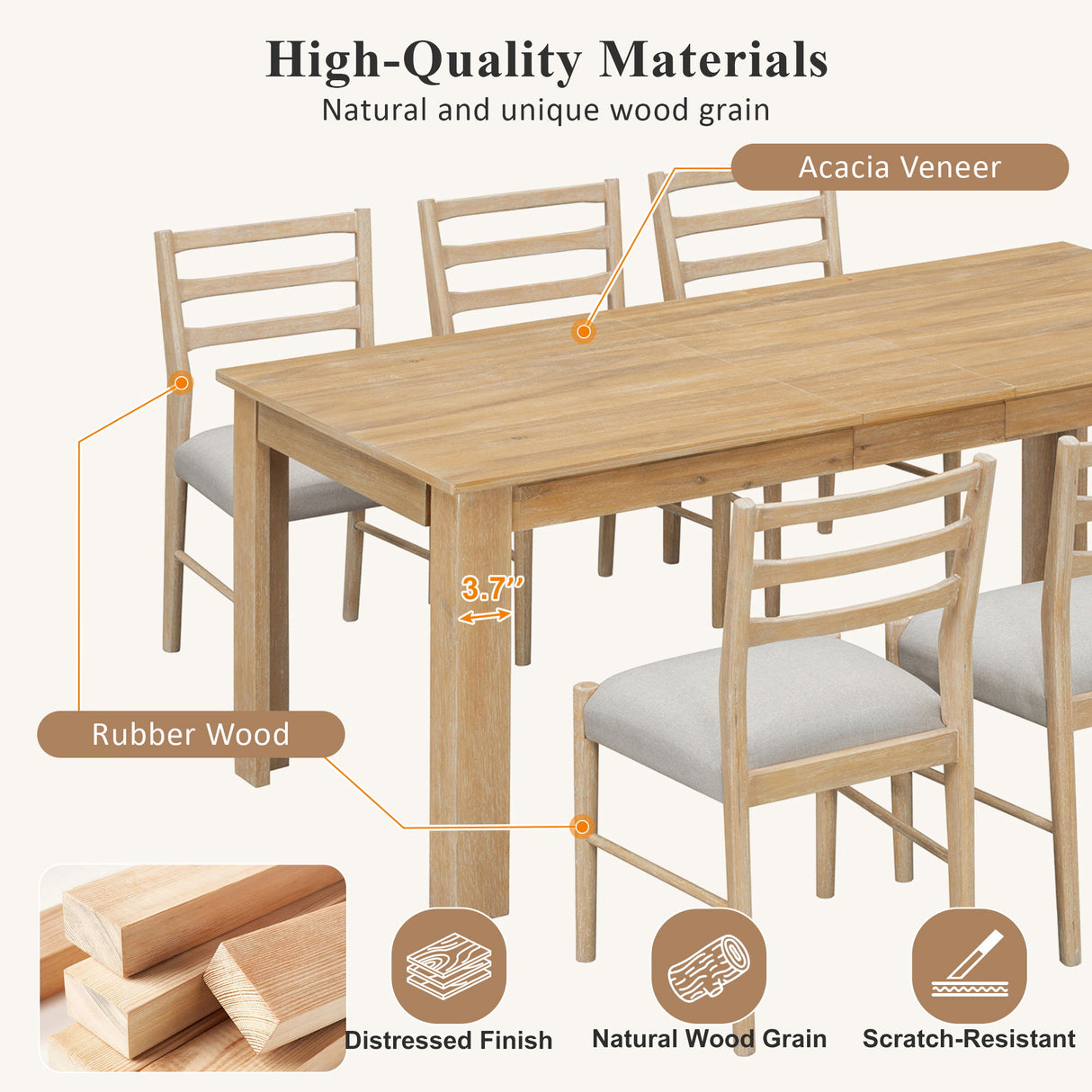 7 Piece Dining Set With Extendable Table, 2 Drawers & 6 Upholstered Chairs