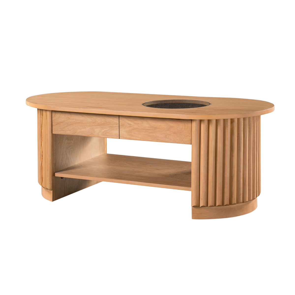 Fluted Oval Coffee Table With Drawers, 2 Tier Cocktail Table