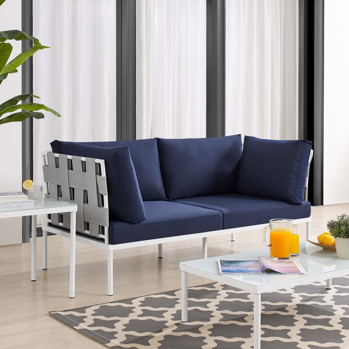 64" Modern Aluminum Outdoor Loveseat with Sunbrella® Cushions – Gray and Navy - Outdoor - Alpine Outlets