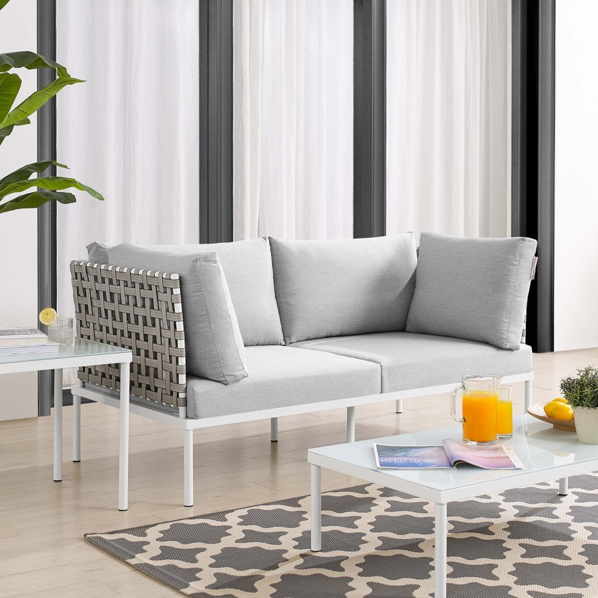 64" Tan Gray Outdoor Patio Loveseat – Aluminum Frame with Sunbrella Fabric - Outdoor - Alpine Outlets