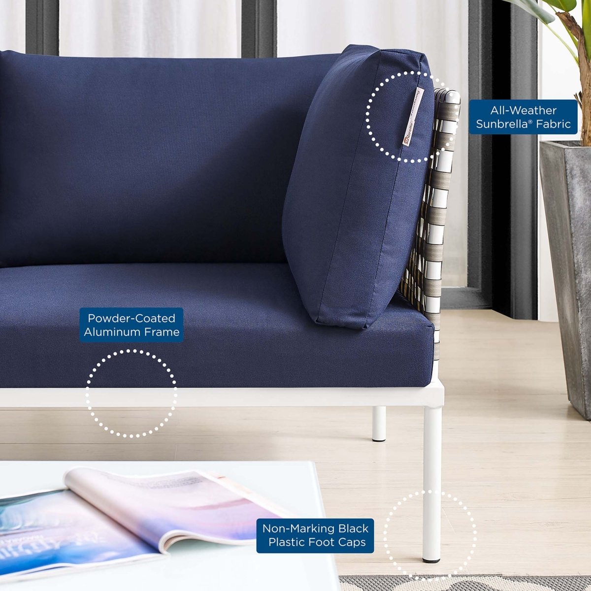64" Tan Navy Outdoor Patio Loveseat – Aluminum Frame with Sunbrella Fabric - Outdoor - Alpine Outlets