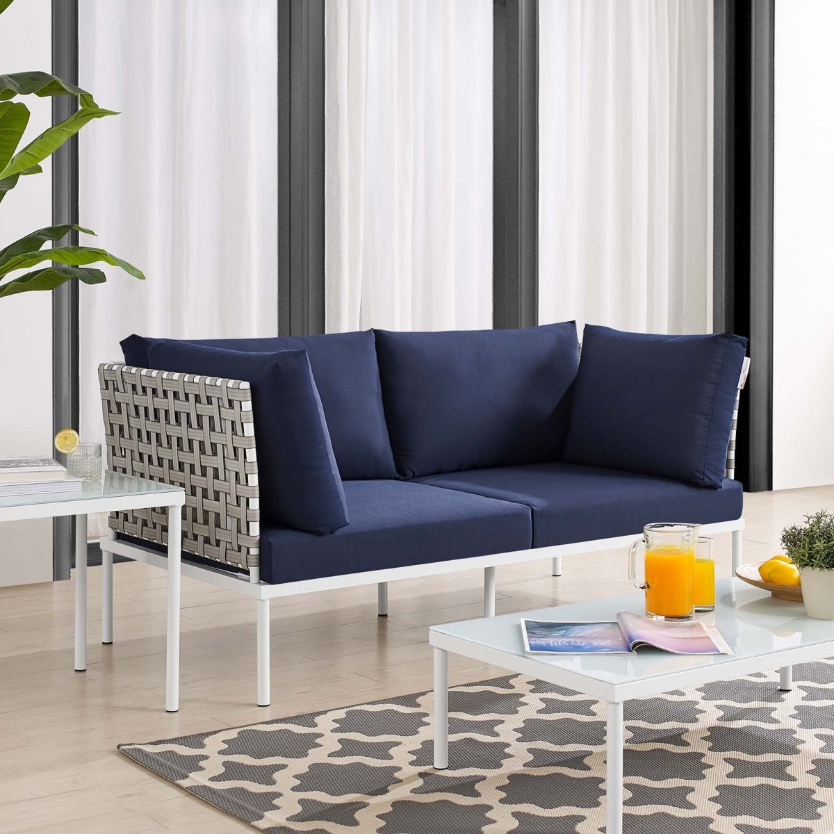 64" Tan Navy Outdoor Patio Loveseat – Aluminum Frame with Sunbrella Fabric - Outdoor - Alpine Outlets