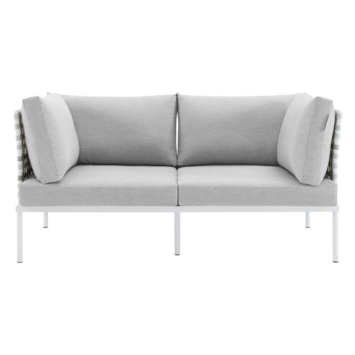 64" Taupe Gray Basket Weave Aluminum Outdoor Loveseat with Sunbrella® Cushions - Outdoor - Alpine Outlets