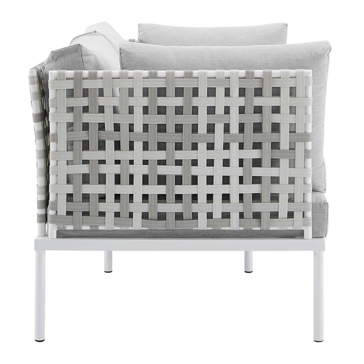 64" Taupe Gray Basket Weave Aluminum Outdoor Loveseat with Sunbrella® Cushions - Outdoor - Alpine Outlets