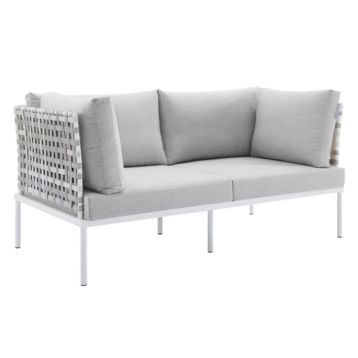64" Taupe Gray Basket Weave Aluminum Outdoor Loveseat with Sunbrella® Cushions - Outdoor - Alpine Outlets