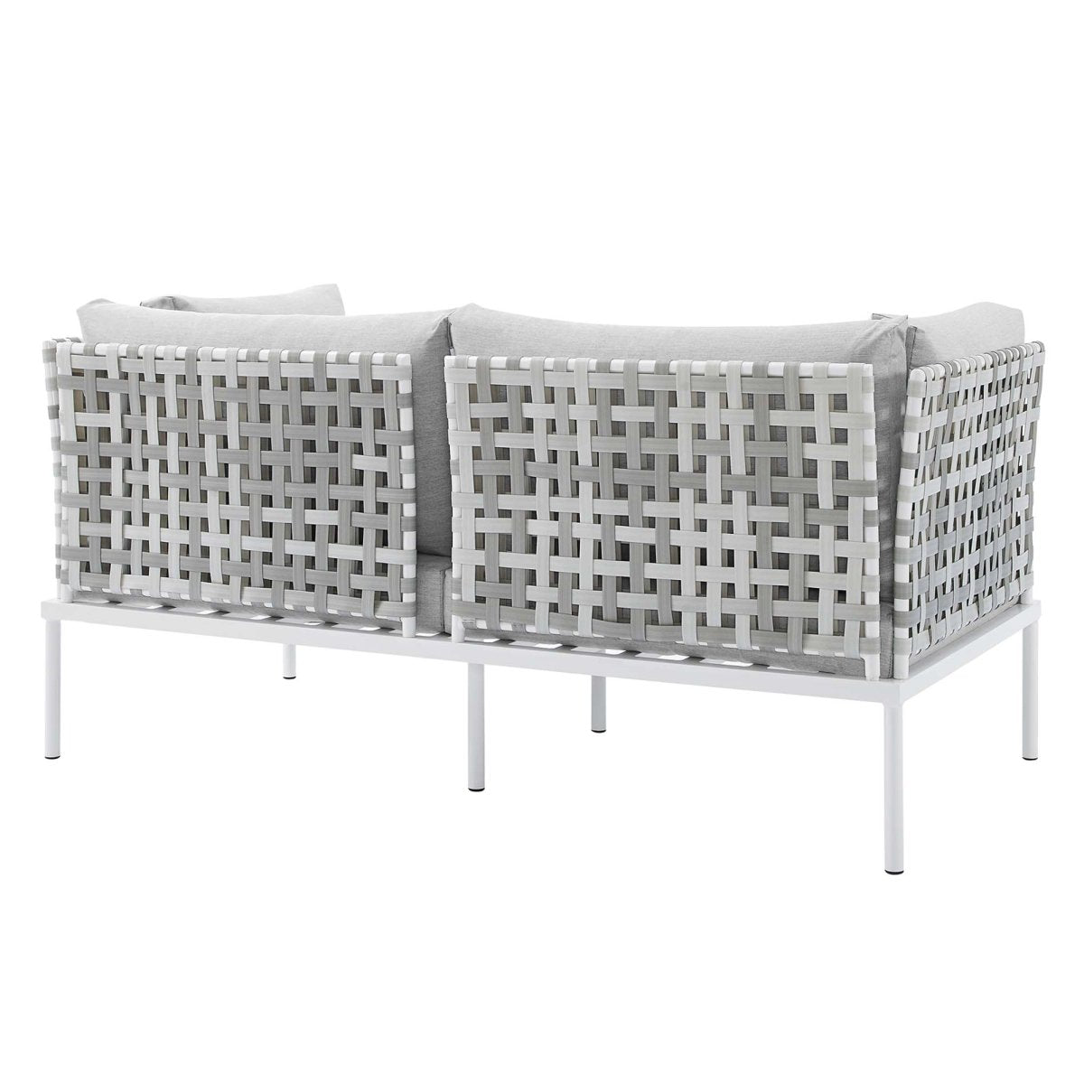 64" Taupe Gray Basket Weave Aluminum Outdoor Loveseat with Sunbrella® Cushions - Outdoor - Alpine Outlets