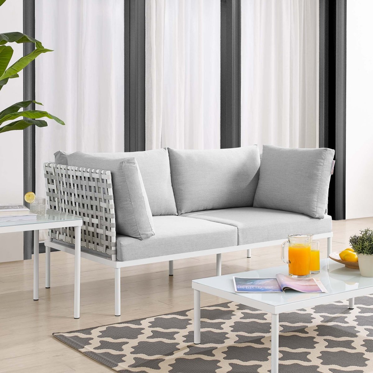 64" Taupe Gray Basket Weave Aluminum Outdoor Loveseat with Sunbrella® Cushions - Outdoor - Alpine Outlets