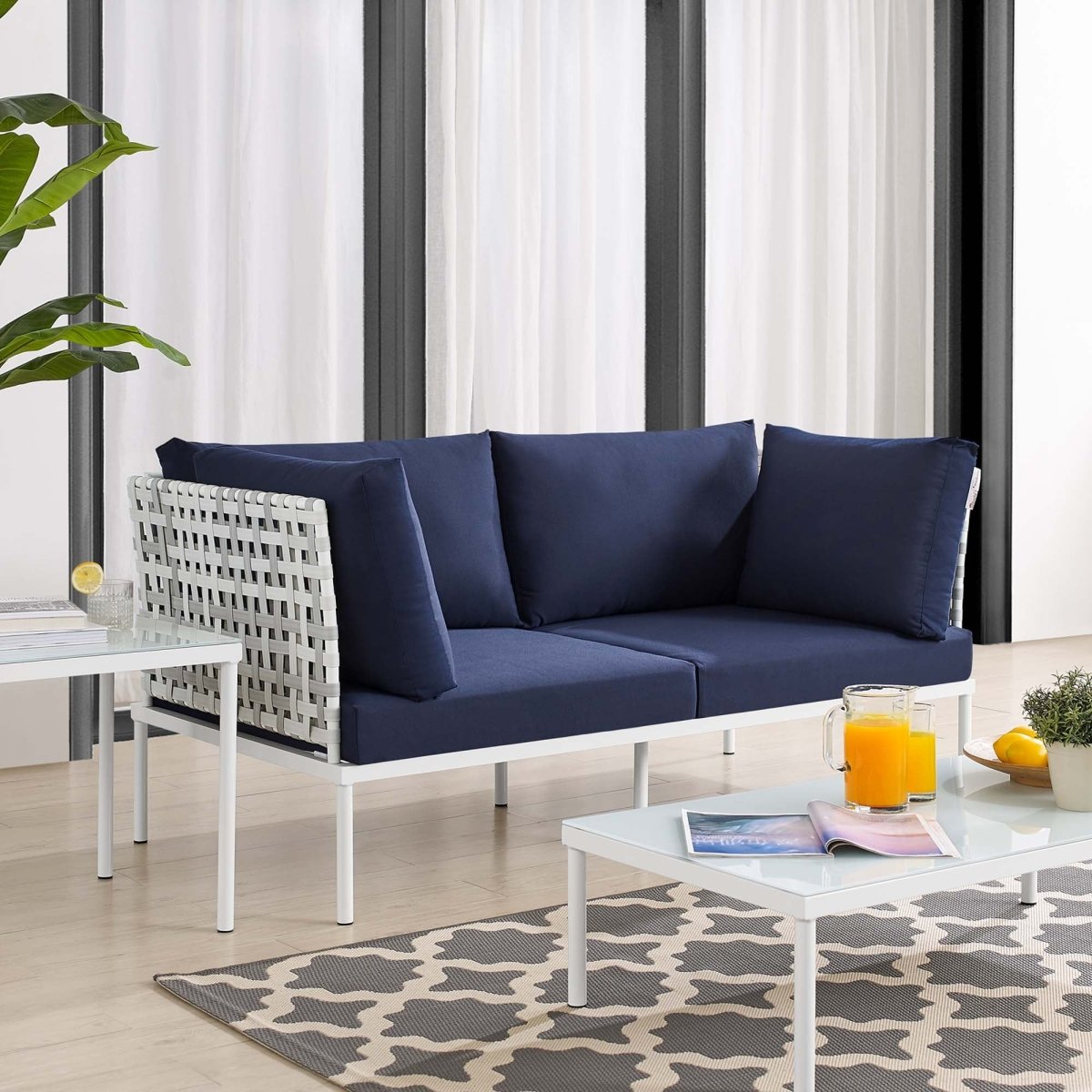 64" Taupe Navy Basket Weave Aluminum Outdoor Loveseat with Sunbrella® Cushions - Outdoor - Alpine Outlets