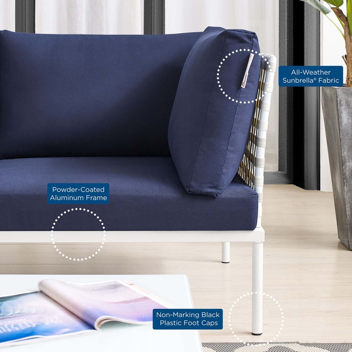 64" Taupe Navy Basket Weave Aluminum Outdoor Loveseat with Sunbrella® Cushions - Outdoor - Alpine Outlets