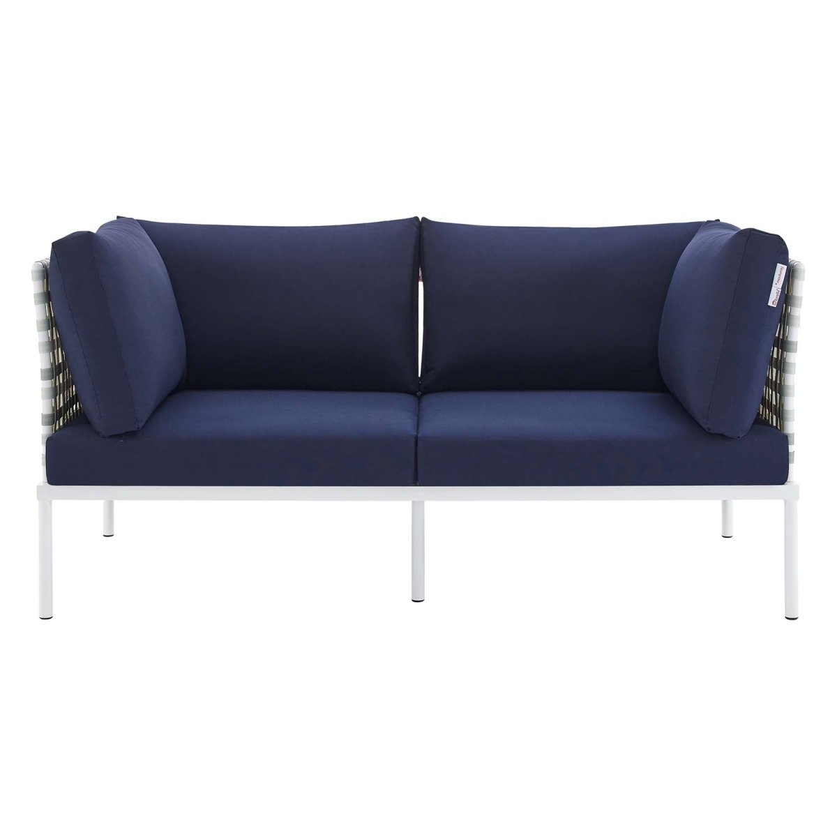 64" Taupe Navy Basket Weave Aluminum Outdoor Loveseat with Sunbrella® Cushions - Outdoor - Alpine Outlets