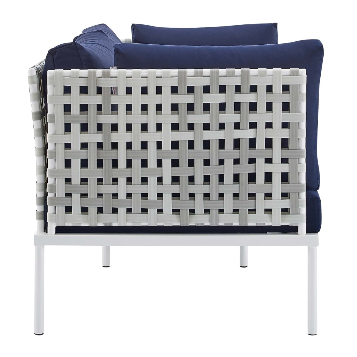 64" Taupe Navy Basket Weave Aluminum Outdoor Loveseat with Sunbrella® Cushions - Outdoor - Alpine Outlets