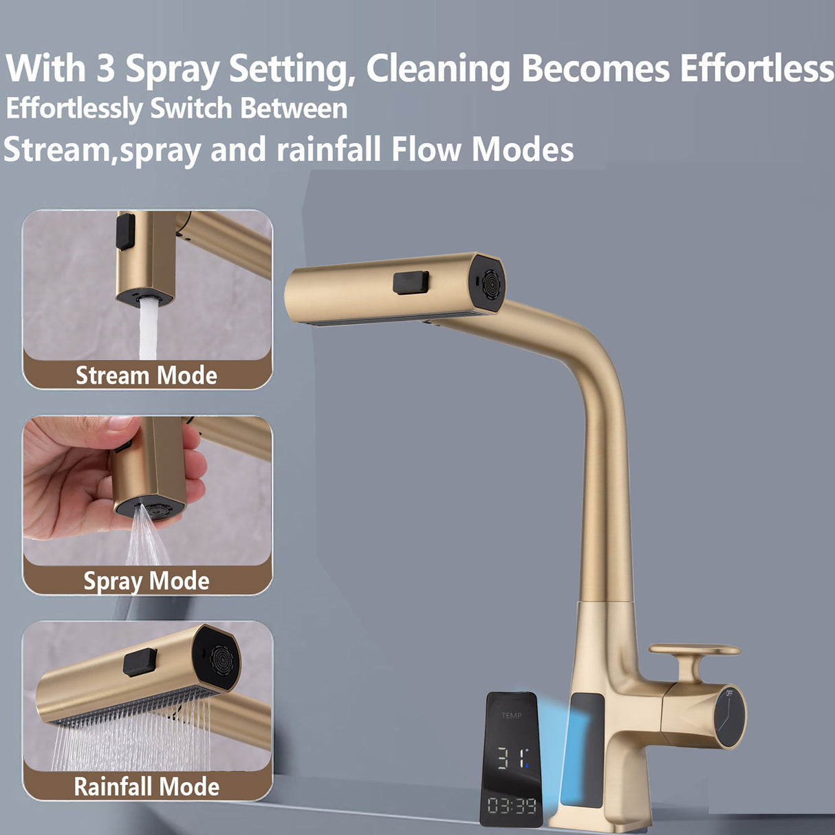 Waterfall Kitchen Faucet With Temperature Display And Pull Down Sprayer