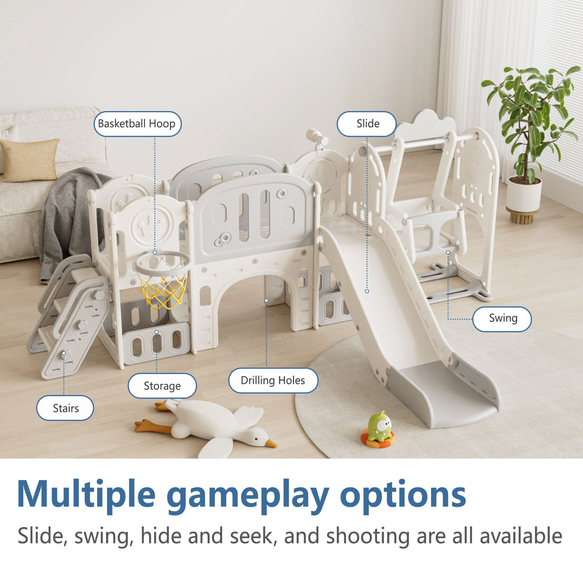 Toddler Slide, 11 In 1 Indoor Outdoor Playground With Basketball Hoop - Gray / Ivory
