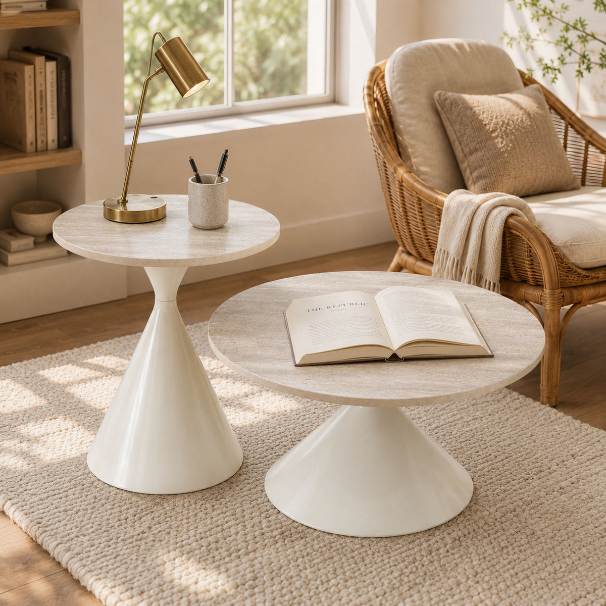 2 Piece Round Coffee Table Set - White