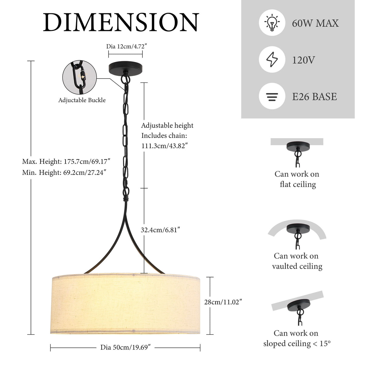 3 Light Pendant Light Adjustable Drum Chandelier, Shade Ceiling Light Fixture - Beige White / Black