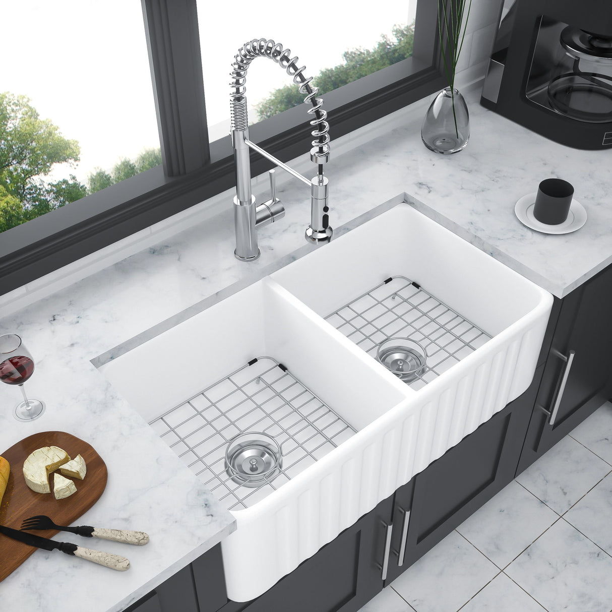 Sink 33" Double Bowl Apron Front Kitchen Sink 50 / 50 - White