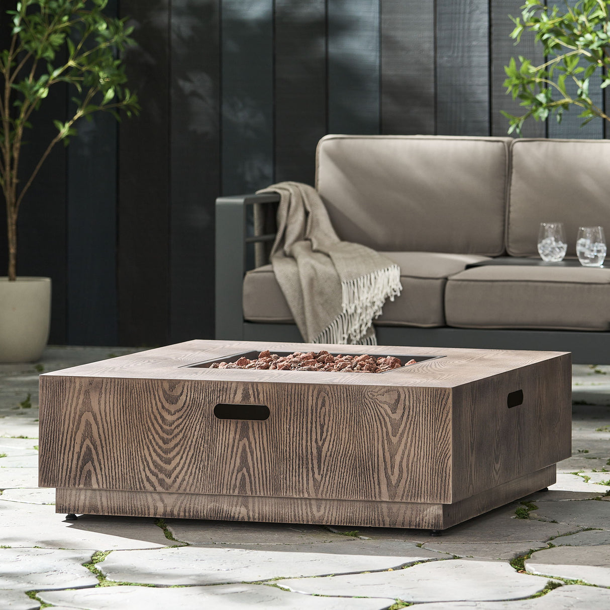 Outdoor Propane Fire Pit Table Iron Wood Pattern 50000 BTU Dark Brown