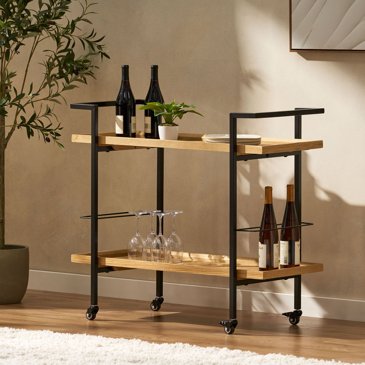 Modern Industrial Bar Cart With Shelving And Casters