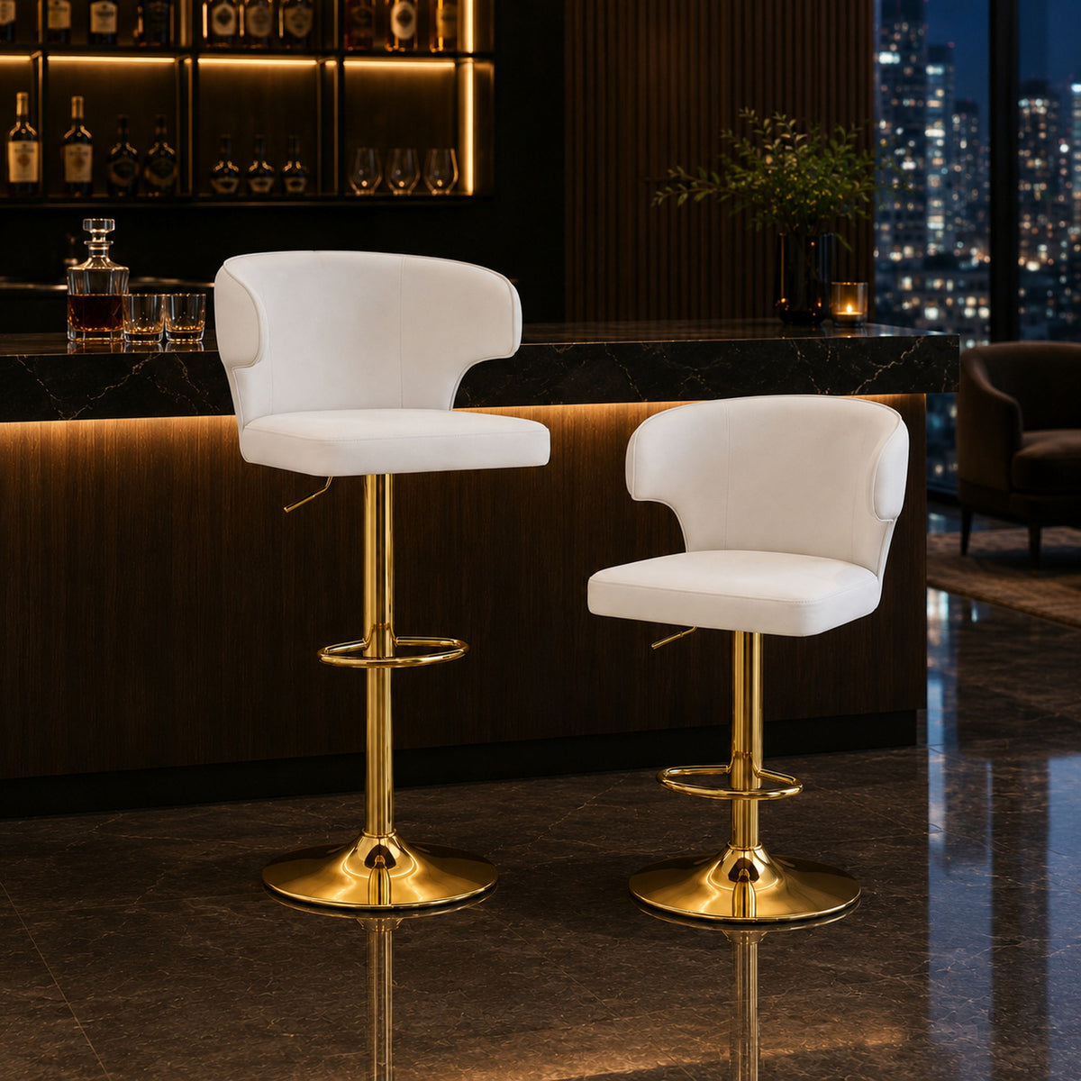 Adjustable Swivel Bar Chair With High Back Support For Kitchen Counter (Set of 2) - Gold / White
