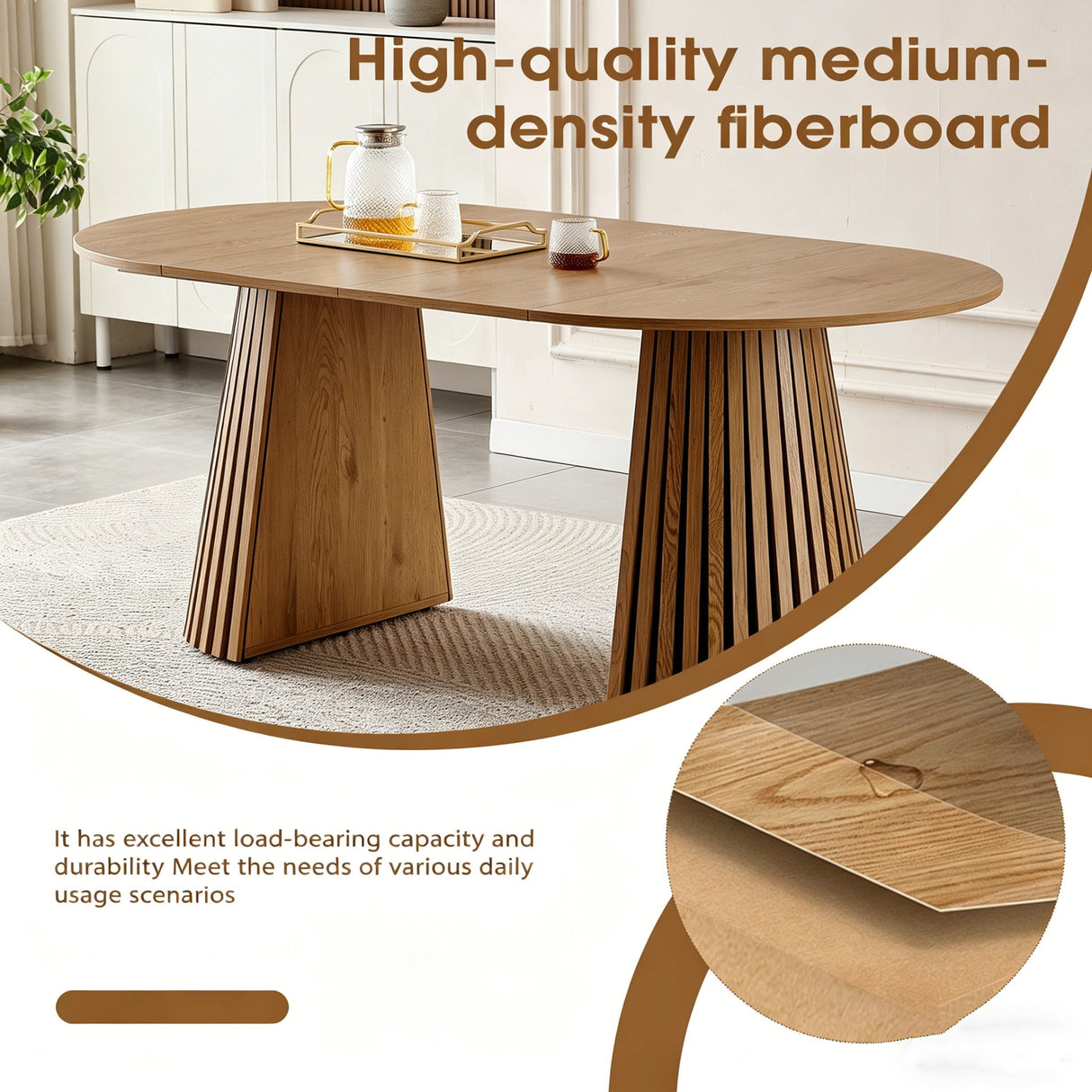 Dining Table, Flexible Extendable Oval Design With Slatted Legs - Natural Wood