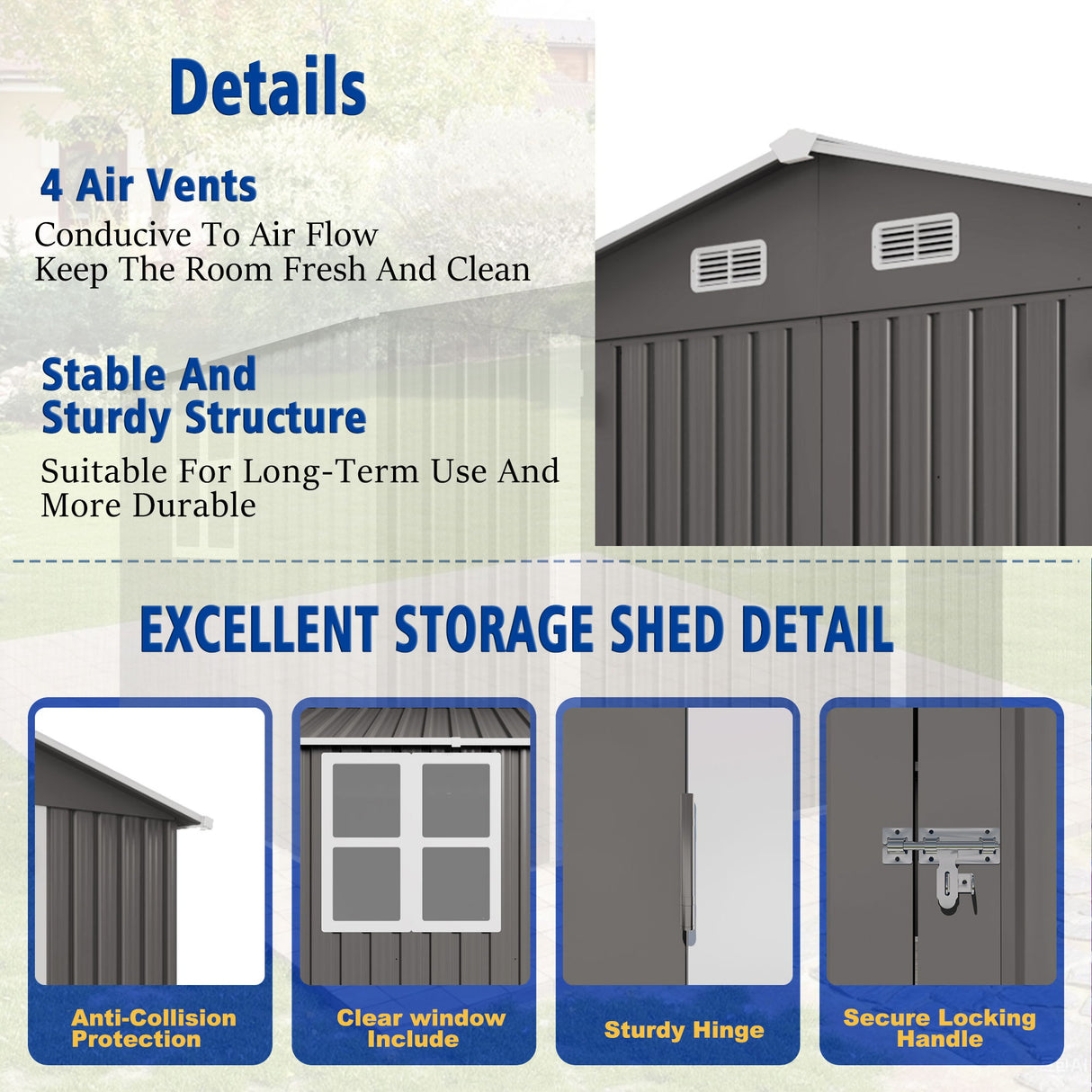 Large Metal Outdoor Storage Shed With Lockable Door, Air Vent, And Clear Window For Garden Tools And Bicycles - Gray