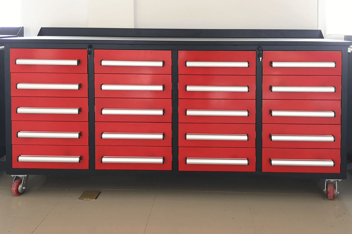 Garage Storage Cabinets With Workbench (With 20 Drawers) - Red