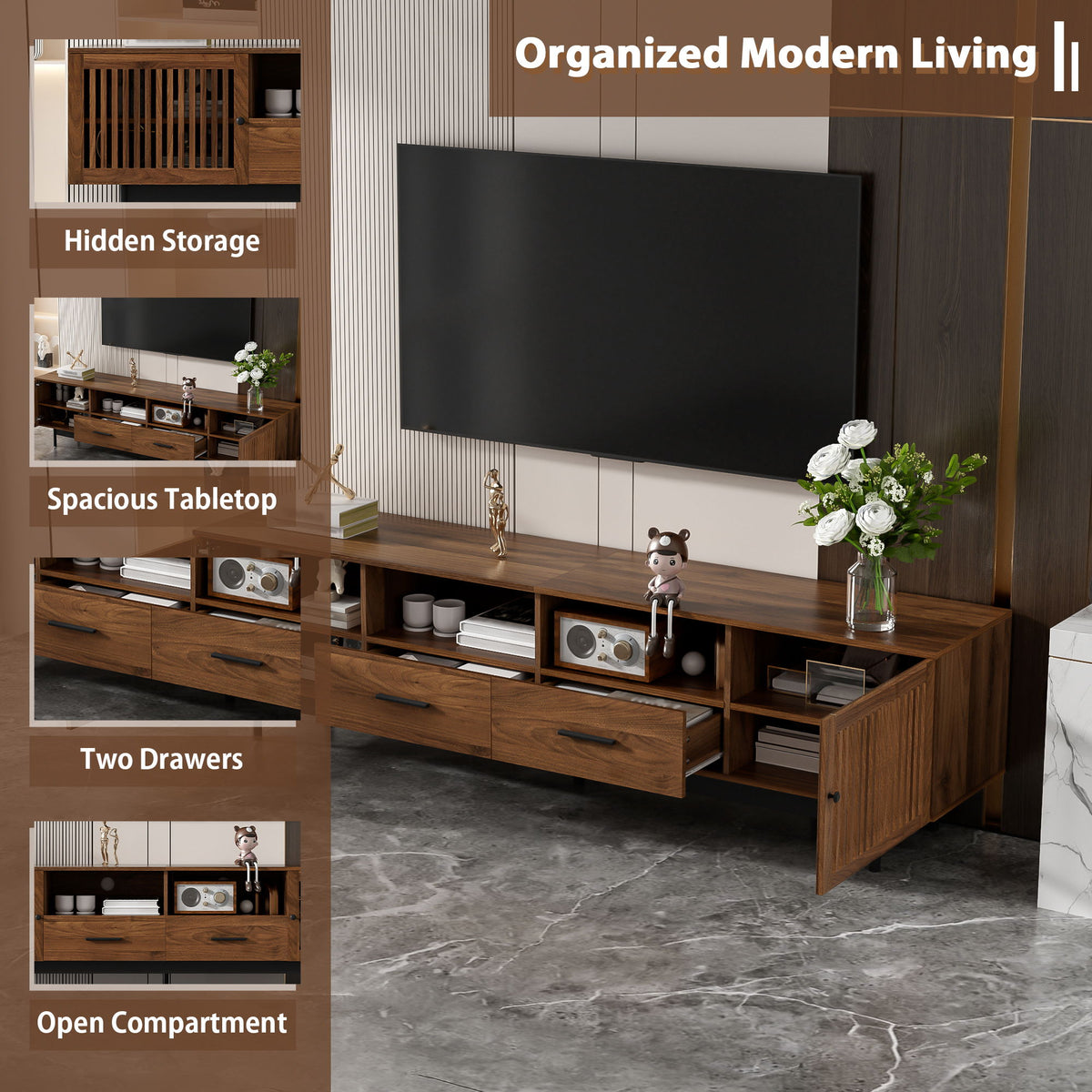 TV Stand, Media Console With 2 Drawers, Soft Closing Slatted Doors, Living Room Entertainment Center - Walnut