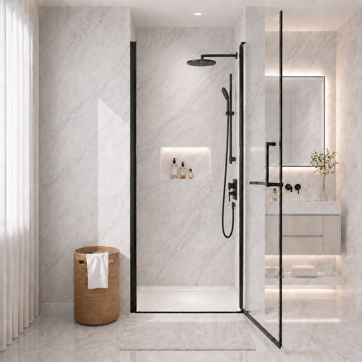Semi-Frameless Pivot Shower Door With Adjustable Width, Reversible Installation