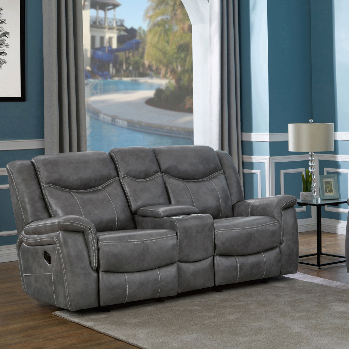Conrad Upholstered Padded Arm Glider Loveseat in Grey