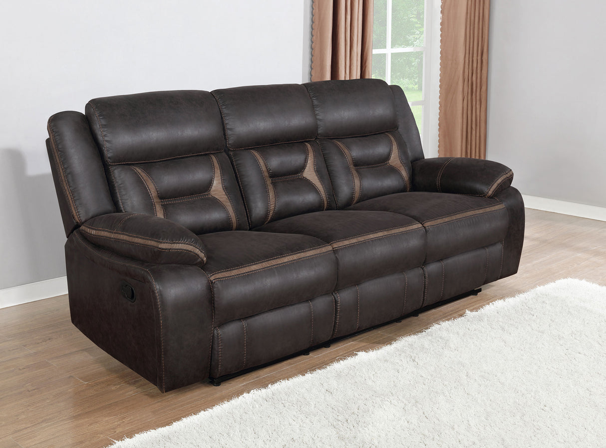 Greer Upholstered Motion Reclining Sofa in Brown
