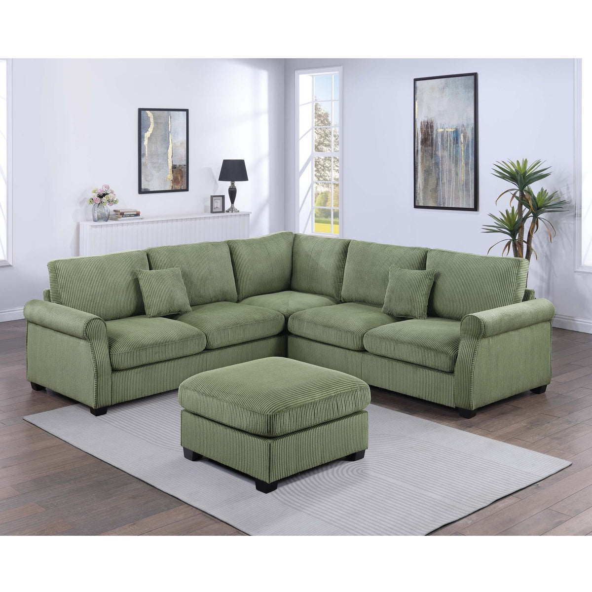 L - Sectional Sofa Set With Corner Wedge And Ottoman, 4 Piece Living Room Furniture - Sage