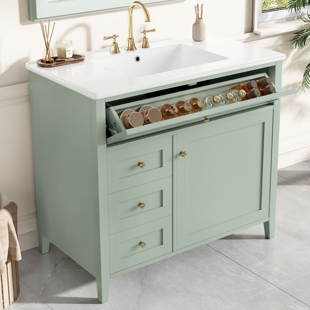 Bathroom Vanity With Sink, 3 Drawers & Cabinet With Adjustable Shelves