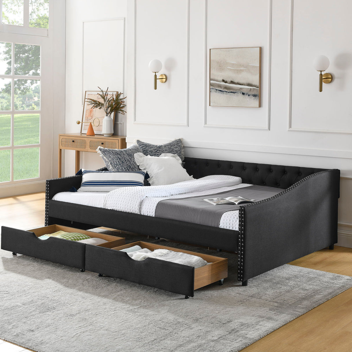 Upholstered Tufted Daybed With 2 Drawers, Waved Arms