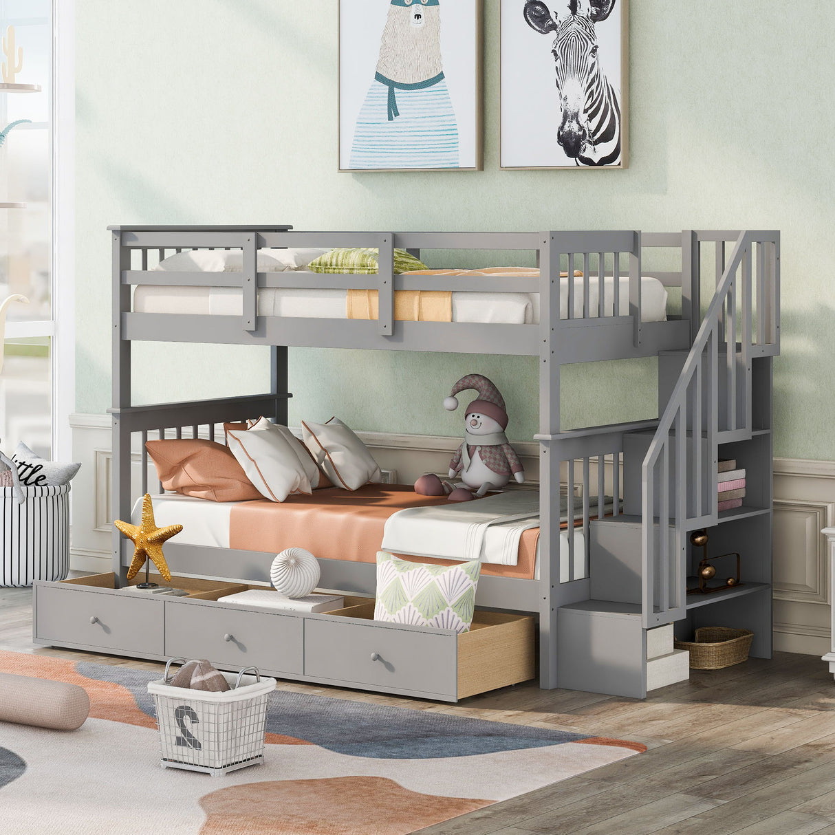 Stairway Bunk Bed With Storage And Guard Rail For Bedroom