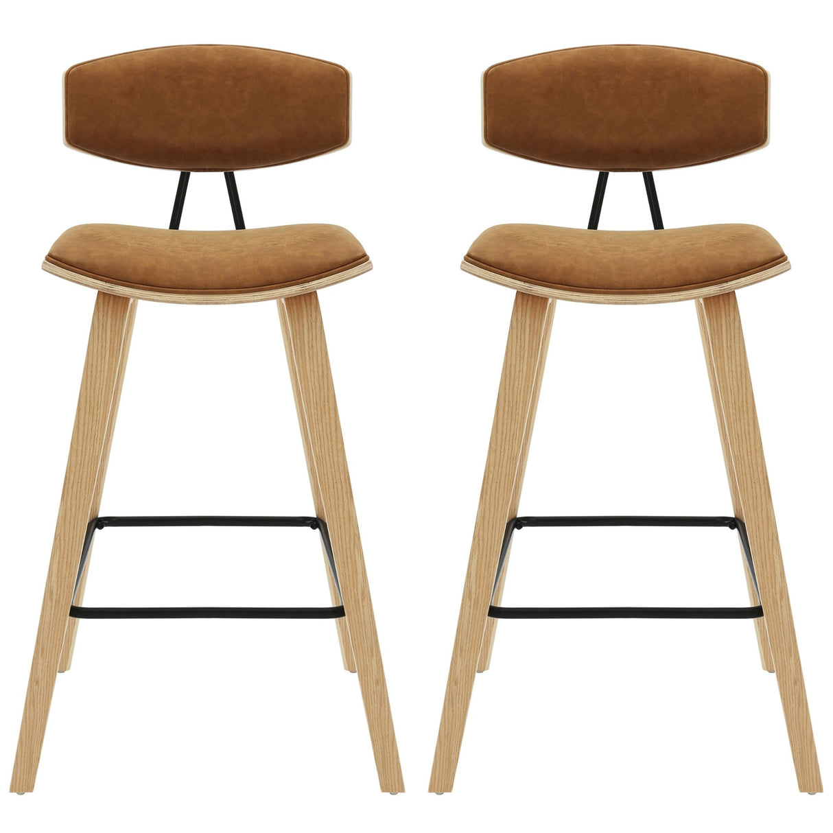 Fox - Counter Height Curved Back Wood Bar Stool With Faux Leather Seat