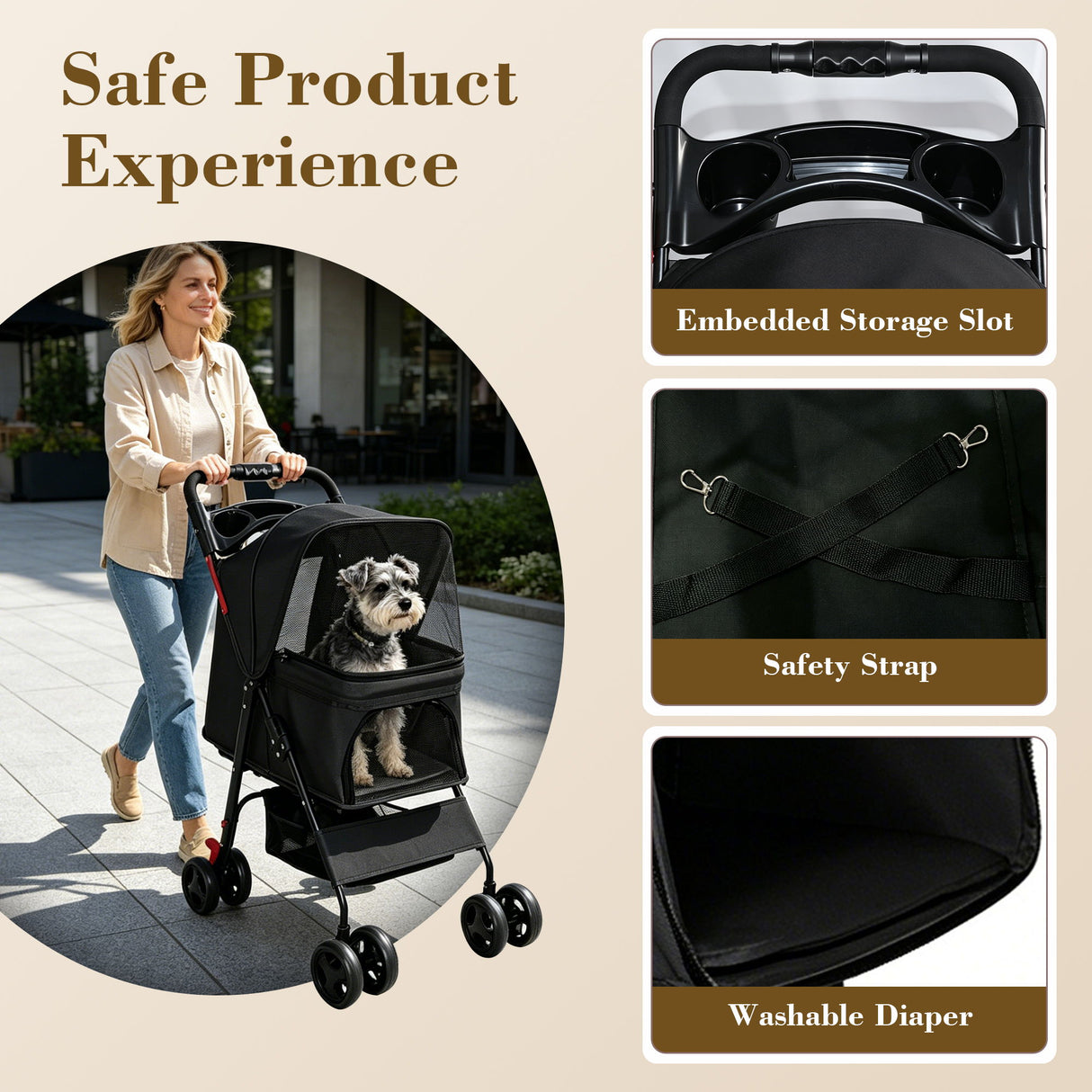 Foldable Pet Stroller For Small Dogs And Cats With Multi Functional Tray