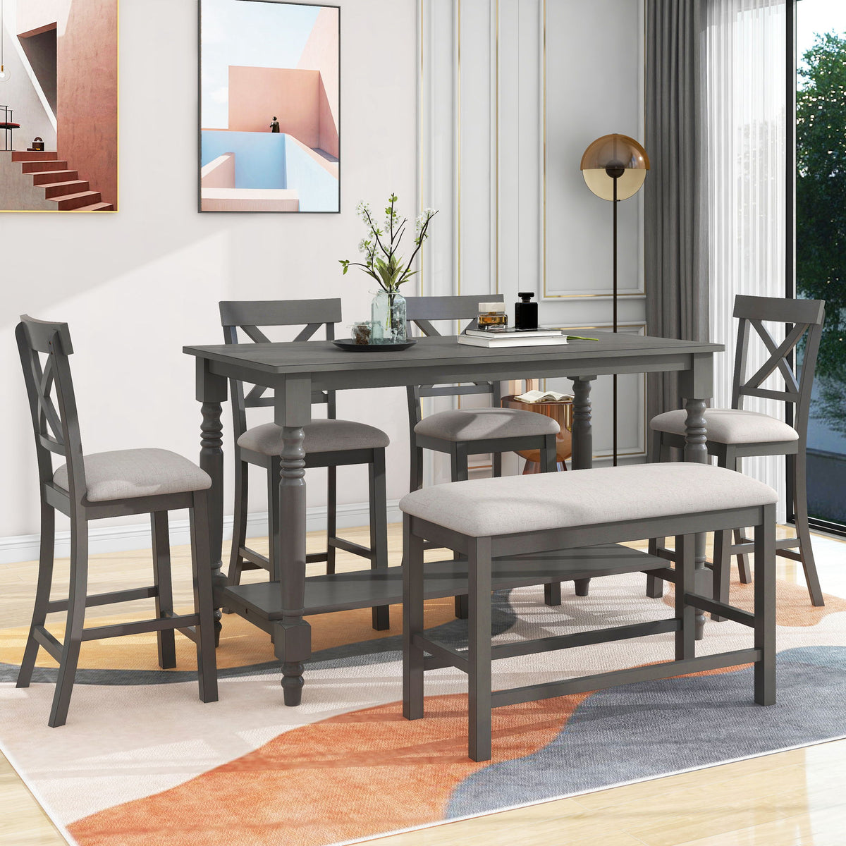 Counter Height Dining Set With Shelf, 4 Chairs And Bench