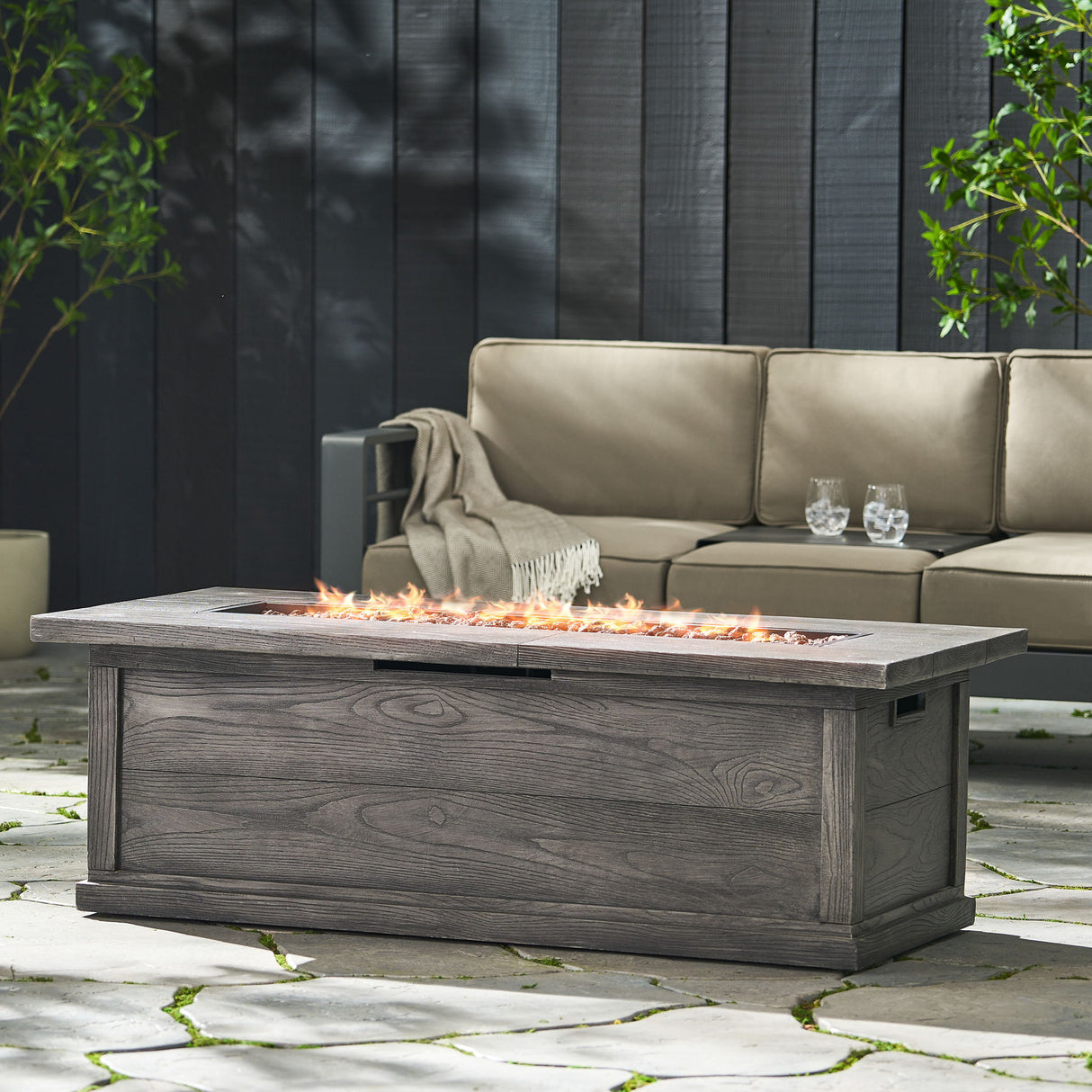 Transitional Rectangular Outdoor Propane Fire Pit Table 56x19in