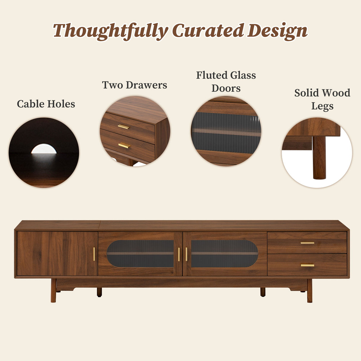 TV Stand With Fluted Doors, 2 Drawers - Walnut