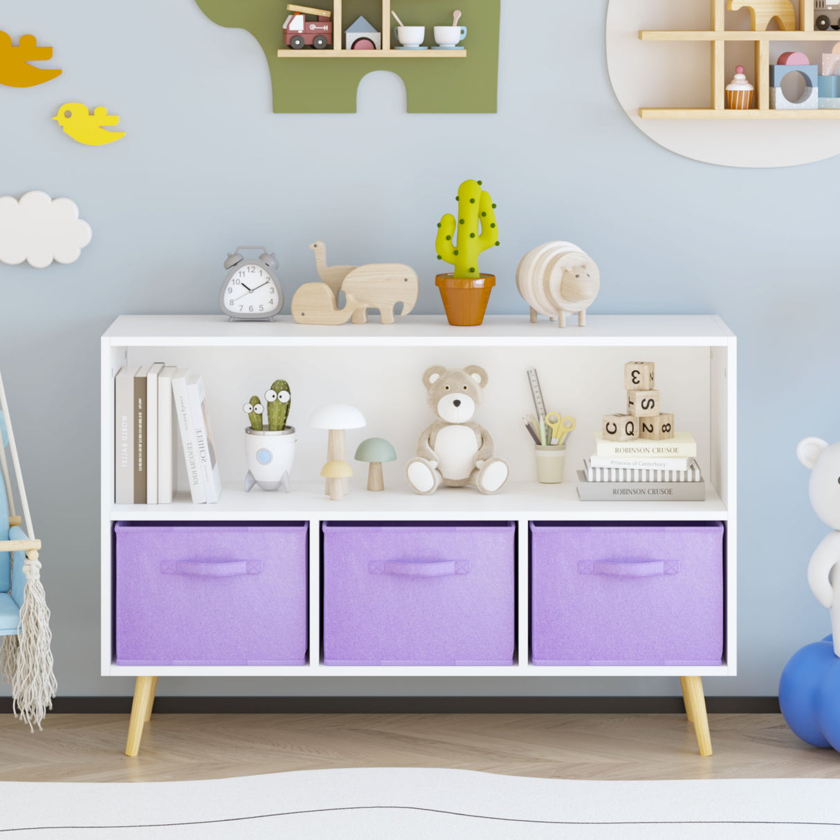 Bookcase With Collapsible Drawers, Book Display Organizer