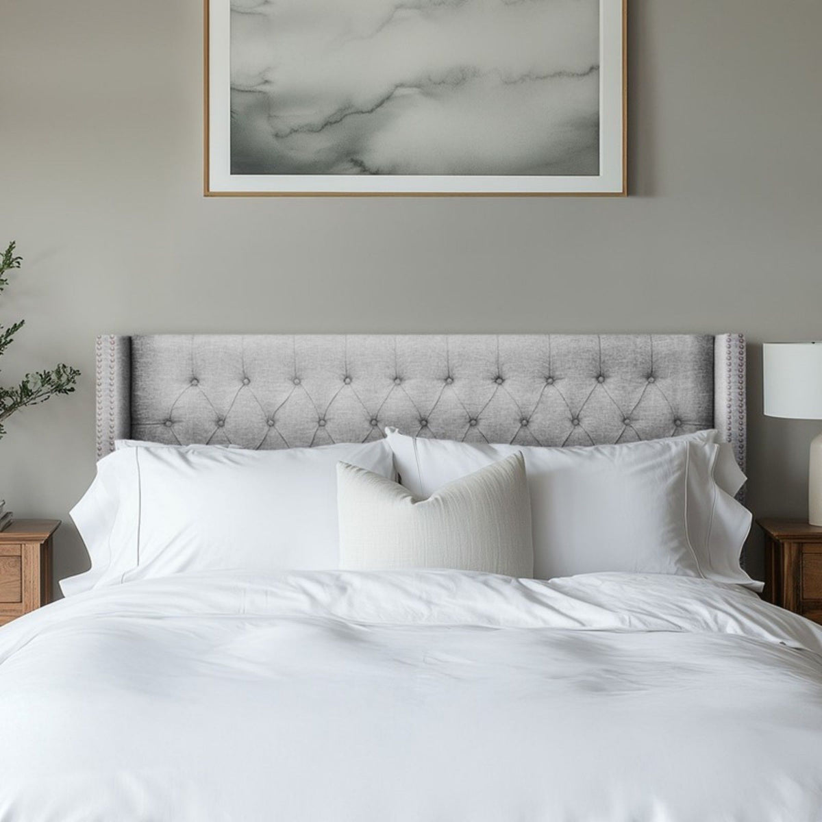 Queen Size Upholstery Headboard With Tufted Buttons And Nailhead Trim - Gray