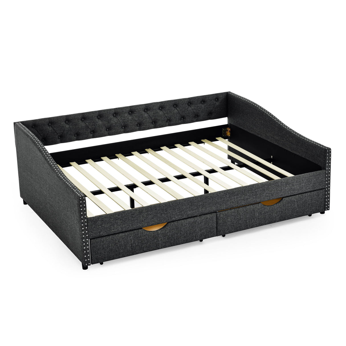 Upholstered Tufted Daybed With 2 Drawers, Waved Arms