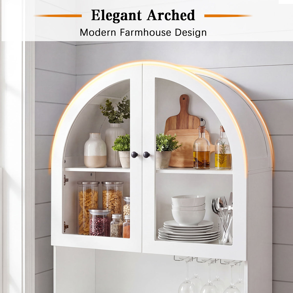 Tall Arched Pantry Cabinet With Charging Station, Adjustable Shelves, Coffee Bar With Open Countertop For Kitchen - White