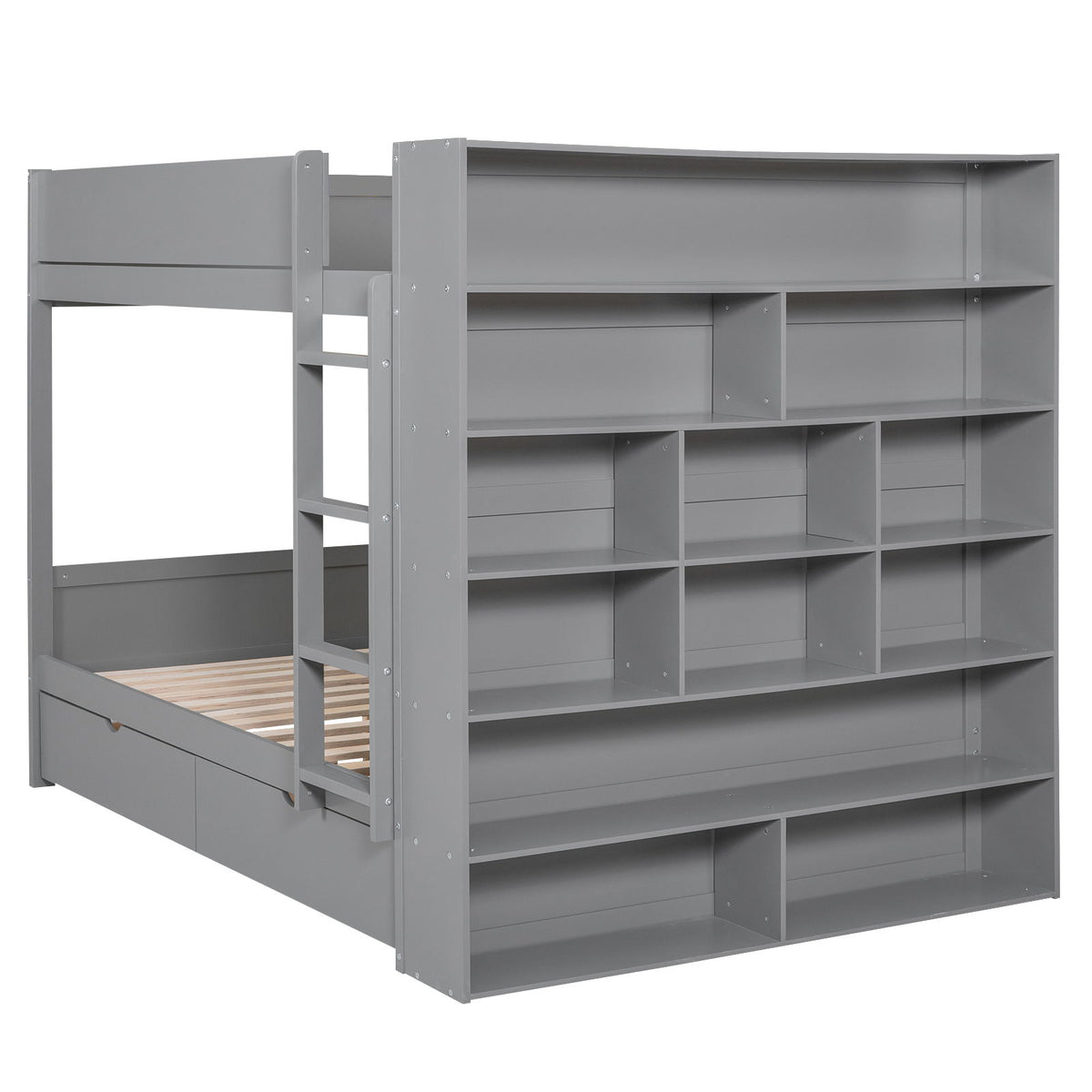 Full Over Full Bunk Bed With 2 Drawers And Multi-Layer Cabinet - Gray