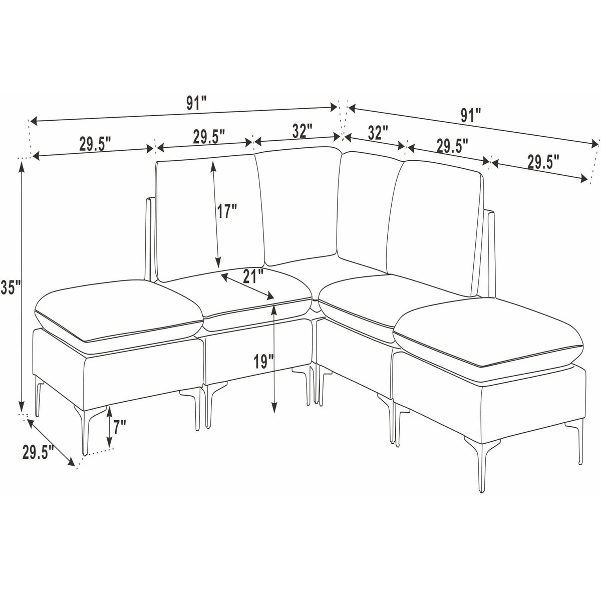 Upholstered Modular Sectional With Tall Legs, Medium Firm Seat